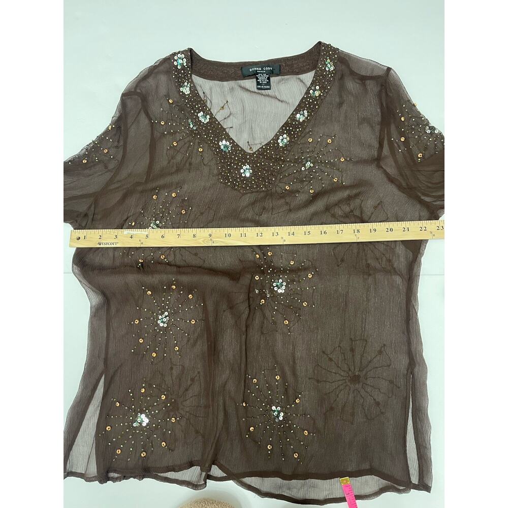 Donna Cody Silk 1X Brown Sheer Sequin Beaded V-Neck Blouse Top Whimsigoth Y2K - Picture 6 of 7